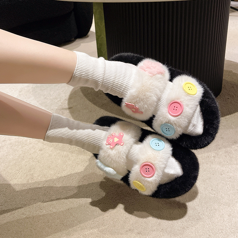 时尚个性纽扣星星毛毛拖鞋女2025