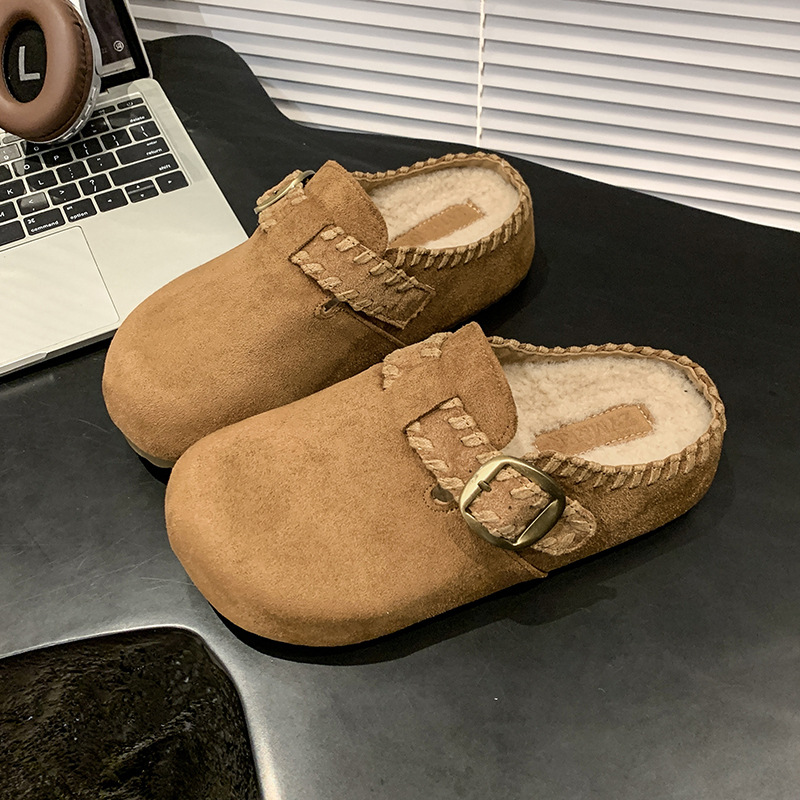 牛皮小个子内增高秋冬款加绒棉拖