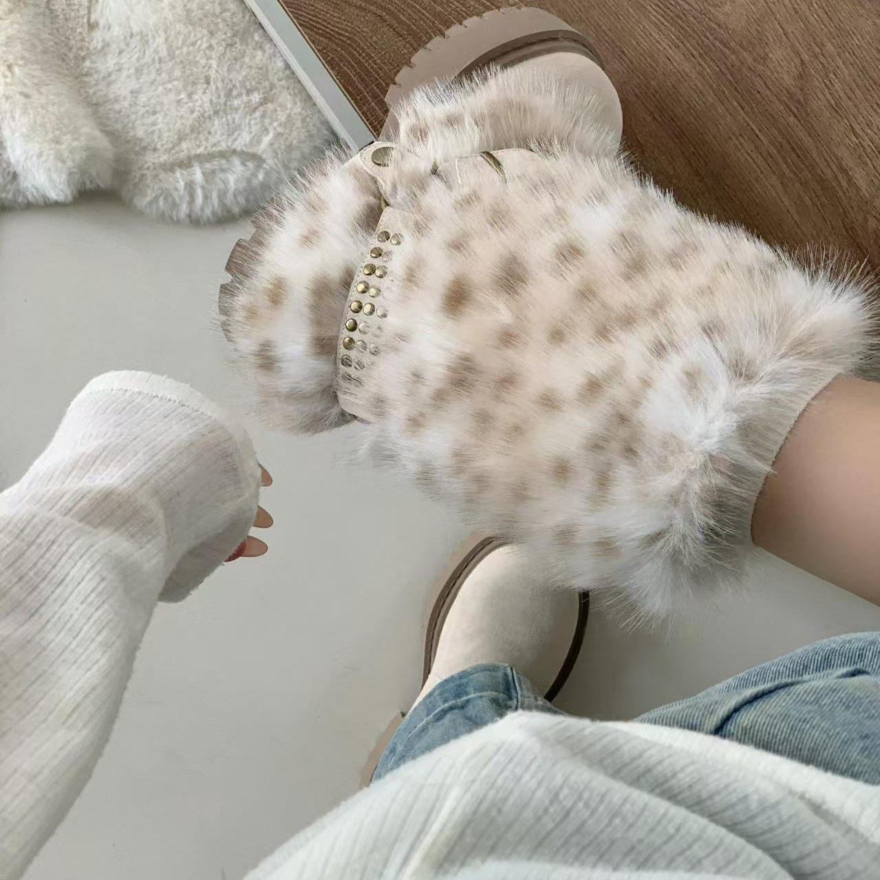 两穿厚底雪地靴女款短靴豹纹毛毛