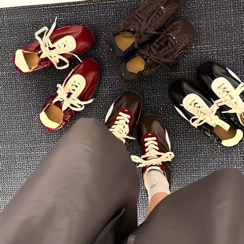 复古豹纹拼色软底德训鞋女百搭