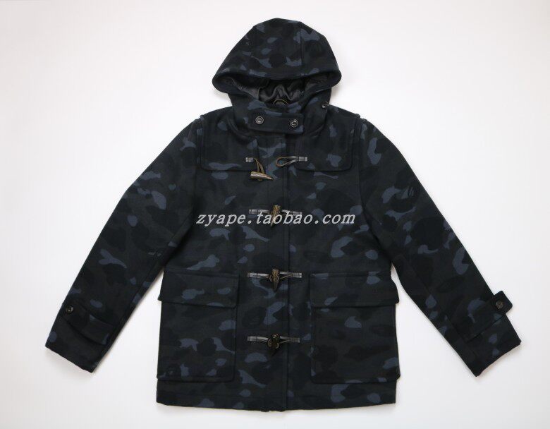 BAPE 1ST CAMO 黑迷彩 牛角扣羊毛连帽毛呢大衣 休闲外套 L