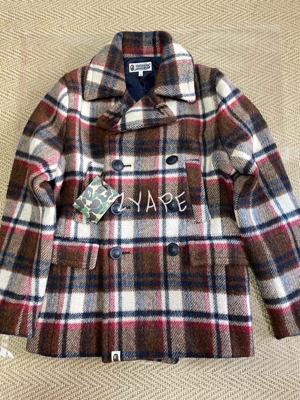 BAPE CHECK 木村格羊毛双排扣格子休闲翻领毛呢大衣 特价 M