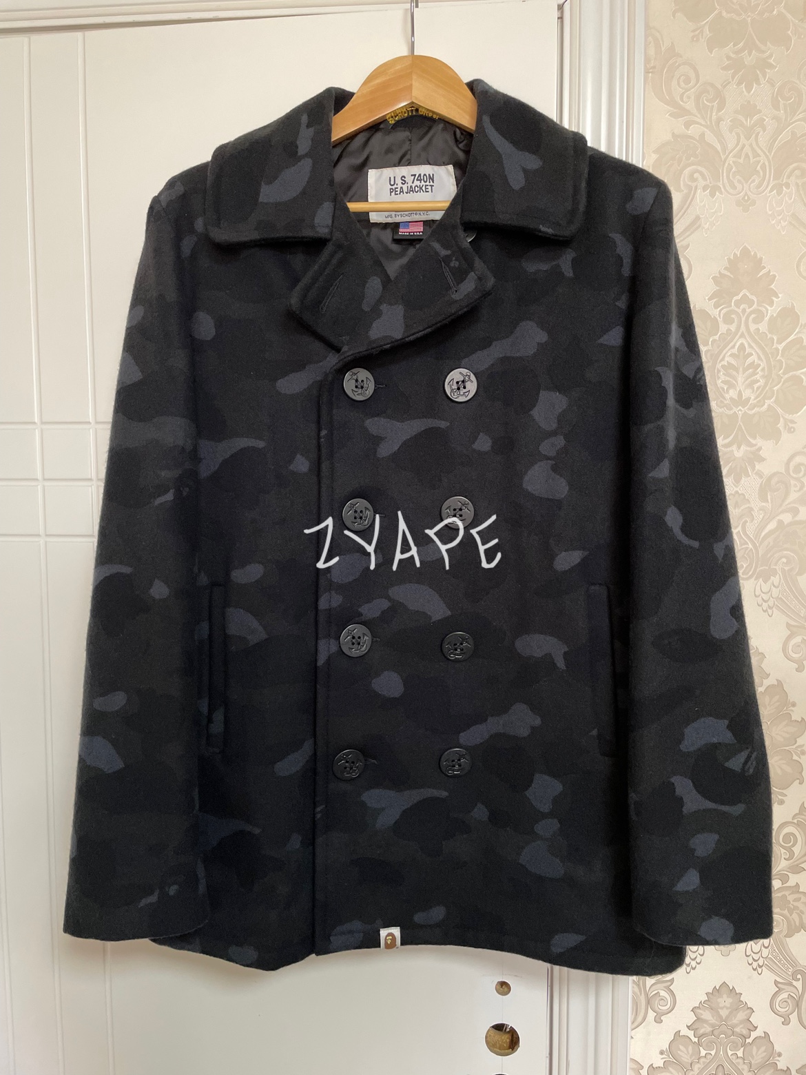 现货 BAPE X Schott U.S.740N PEA JACKET羊毛黑迷彩毛呢大衣