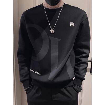 2024新款卫衣男士秋冬季时尚潮牌圆领休闲宽松加绒长袖打底衫上衣