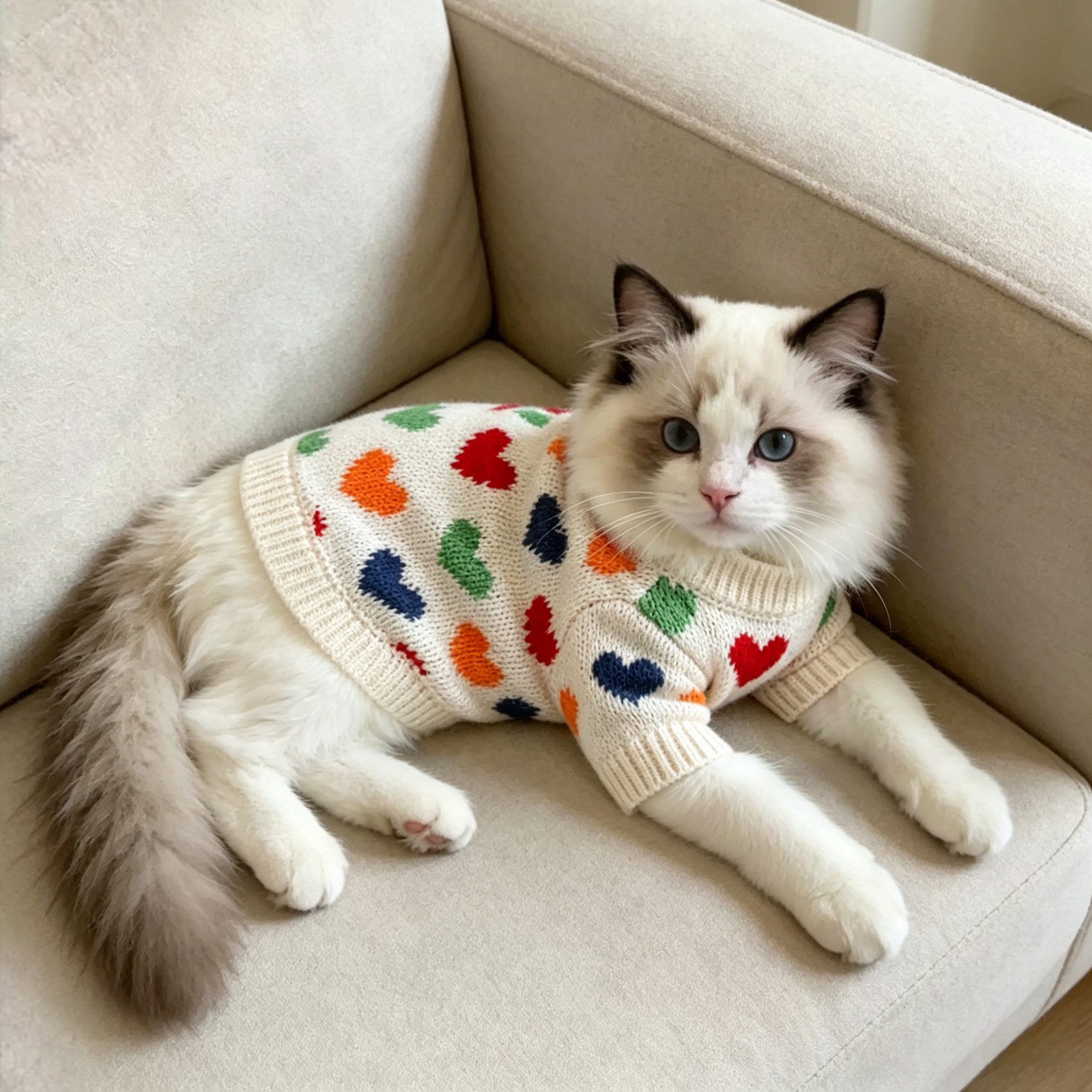 冬季猫咪衣服护肚子防着凉两脚衣高颜值彩色爱心图案圆领针织毛衣
