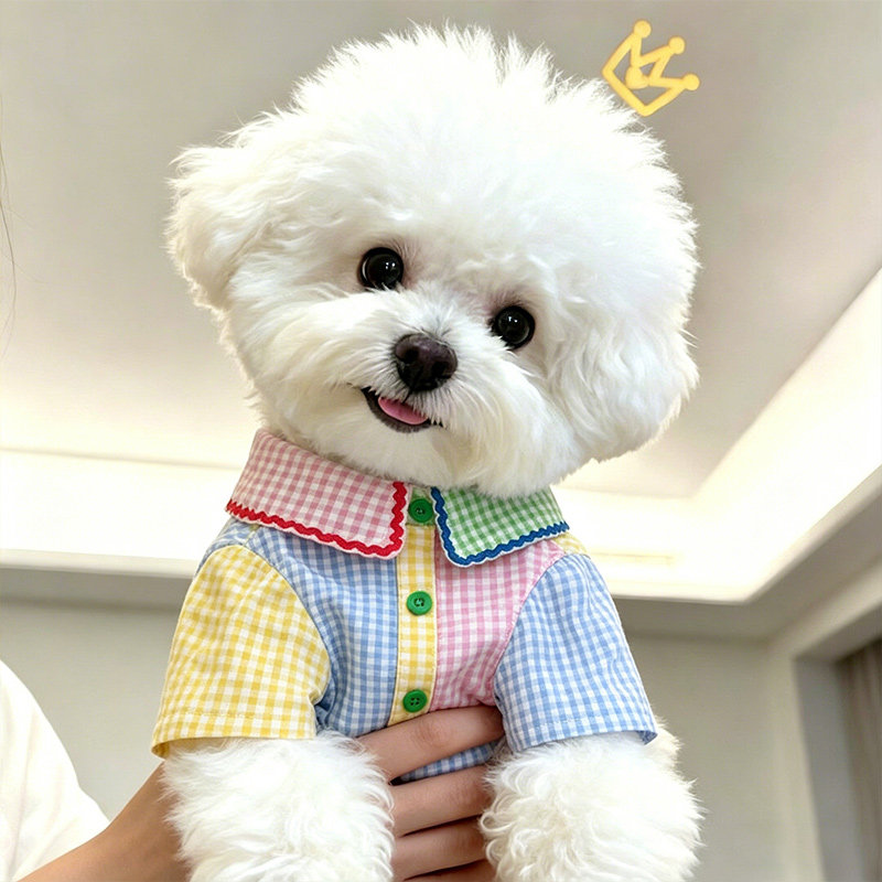 小狗衣服春装薄款幼犬夏天狗狗比熊泰迪夏季撞色格子衬衫裙子春夏