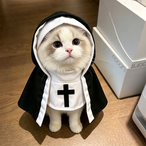 宠物猫咪万圣节修女cos服拍照道具猫猫冬季保暖防寒连帽披风斗篷