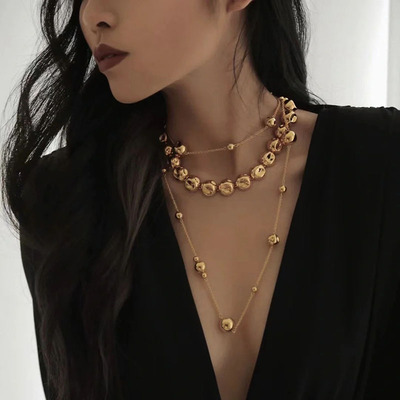 金色圆珠凹陷半球项链链条毛衣链