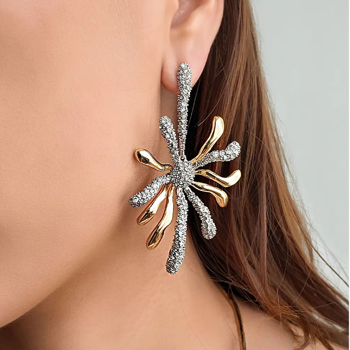 夸张金色闪钻烟花造型耳环项链女