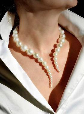 原创黑白色大小珍珠项圈开口项链