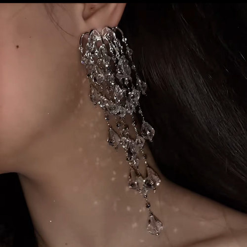 氛围感水晶串珠珍珠耳环流苏耳坠
