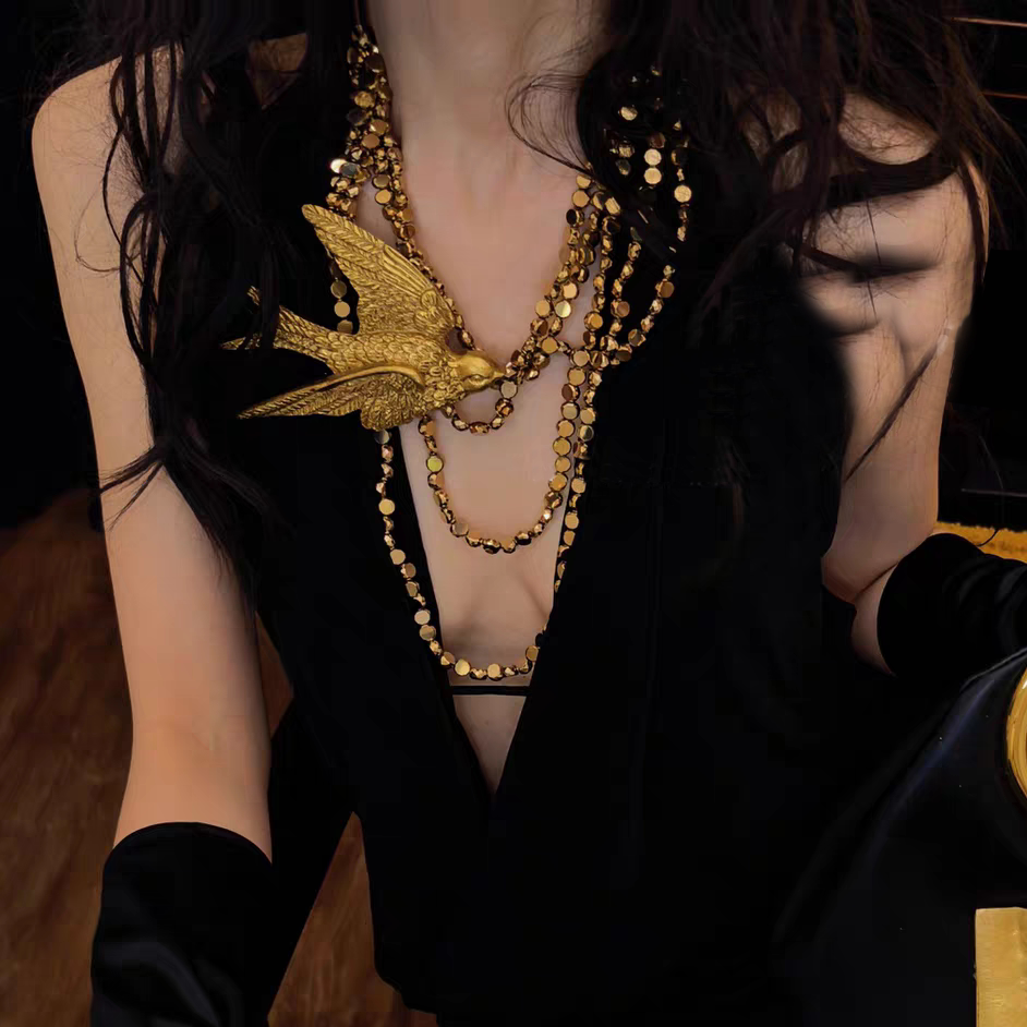 欧美ZR美伢同款重工金色串珠飞鸟燕子项链女夸张多层锁骨链毛衣链