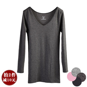 hanes恒适春秋长袖女上衣打底衫纯棉薄款修身大V领秋衣BSW103包邮