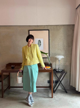 Nora2025春装新款小香风飘带粗花呢花朵扭扣外套亮纱黄色