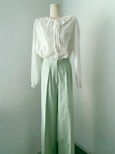 绿色阔腿松后紧腰裤 子 韩系甜美减龄荷叶边纯棉百衬衫 One&two新款