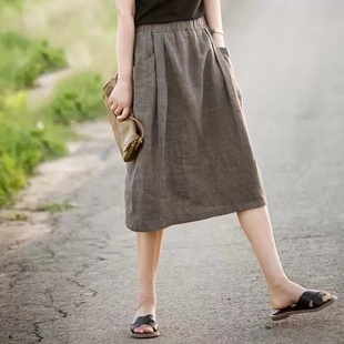 新款 棉麻休闲文艺半身裙女2022春秋夏a字中长裙高腰宽松松紧腰裙