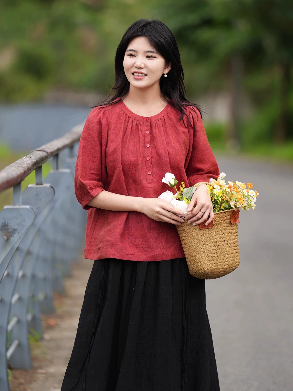 今世本香宽松中袖棉麻衬衫