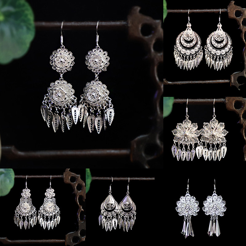 民族风气质耳环手工苗银中国风耳坠复古宫廷苗族步摇长流苏苗族