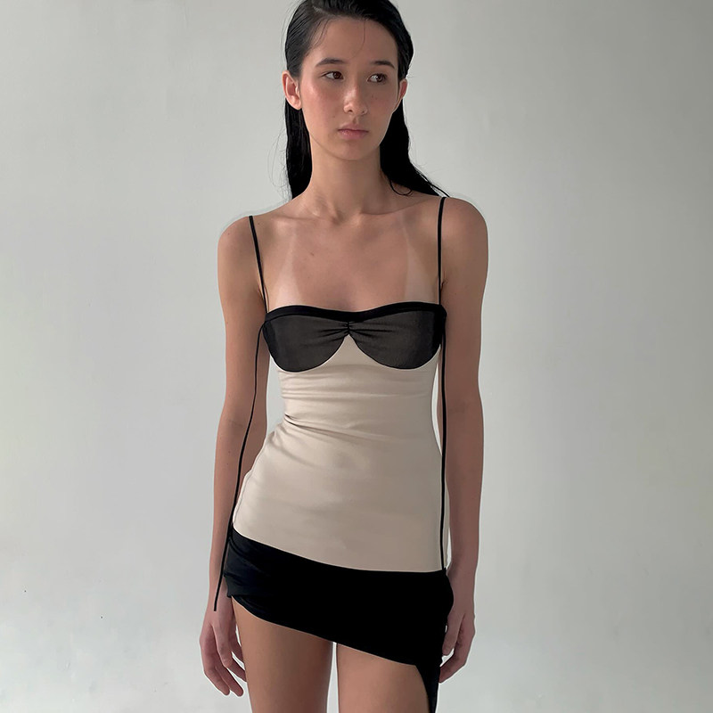 KLIOU 法式复古撞色拼接吊带连衣裙女显瘦修身不规则辣妹短裙 夏