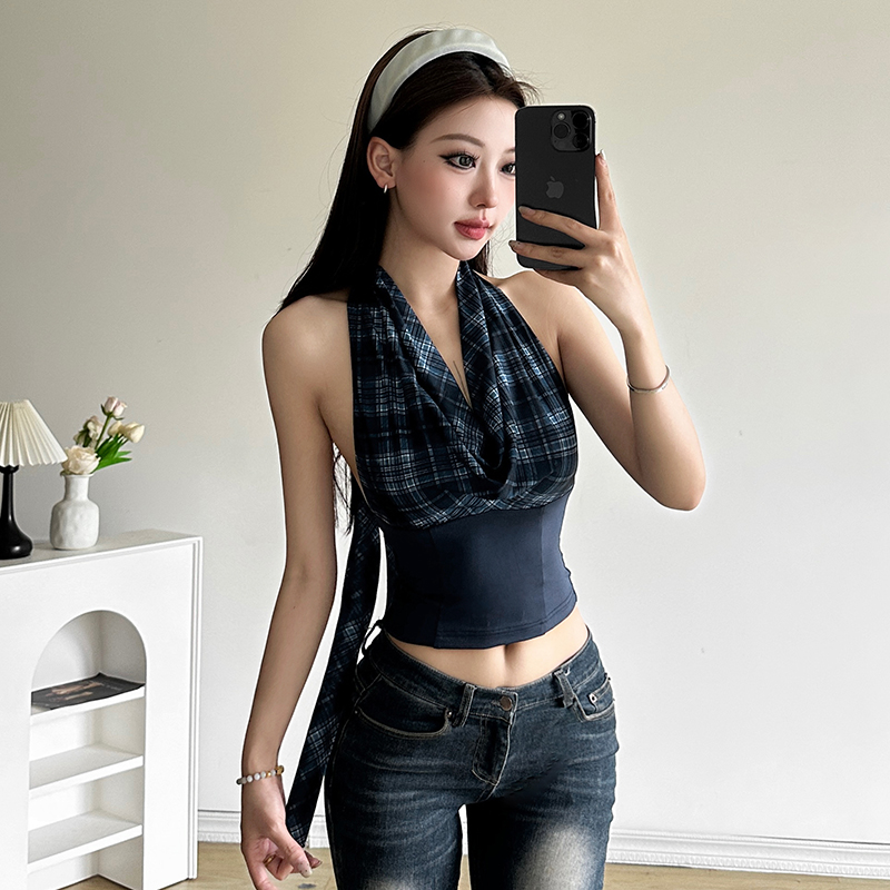 可甜可盐复古荡领系带背心