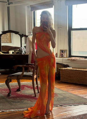 KLIOU 欧美ins时尚甜橙色印花挂脖连衣裙女心机镂空露腰开叉长裙