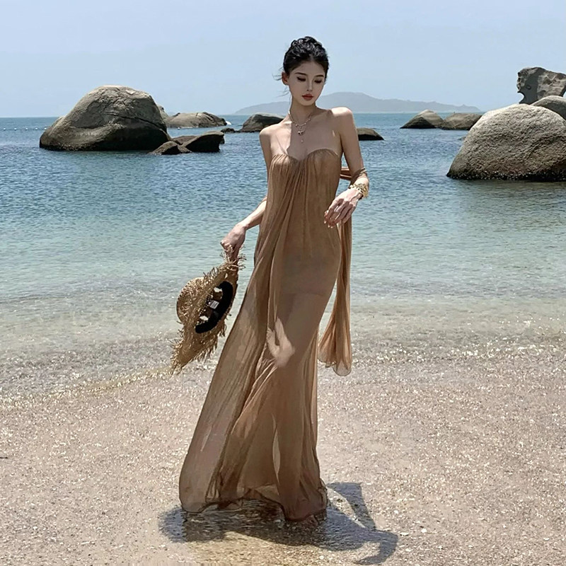 KLIOU 海边度假风复古卡其色飘带抹胸连衣裙女氛围感显瘦遮肉长裙,女装/女士精品,连衣裙,淘宝优惠券,粉丝福利购,淘宝优惠卷