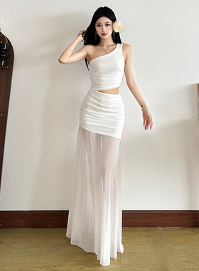 KLIOU 仙气飘飘纯欲风气质斜肩连衣裙女小心机镂空露腰显瘦长裙夏