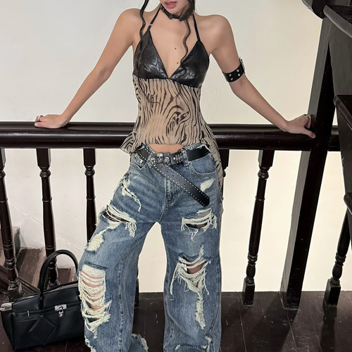 KLIOU 拽酷飒姐风个性印花PU皮挂脖背心女时尚ins显瘦不规则上衣