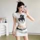 露脐圆领T恤显瘦高腰包臀半身裙两件套 印花短款 KLIOU 运动ins个性