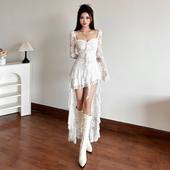 KLIOU 可甜可盐飘带方领蕾丝连衣裙女设计感小众修身 显瘦不规则裙