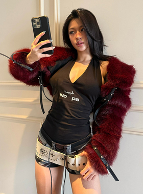 KLIOU 软糯毛绒时尚保暖红色短款外套女设计感显瘦百搭辣妹上衣潮