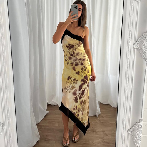 KLIOU 法式辣妹风时尚复古晕染斜肩连衣裙女显瘦修身包臀不规则裙