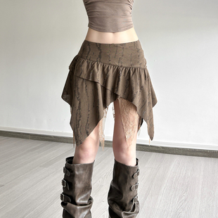 KLIOU 复古奶咖棕设计感手工磨破高腰半身裙女小众显瘦不规则短裙