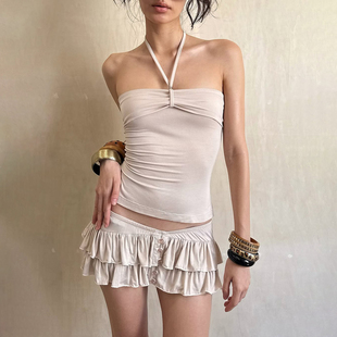 KLIOU 挂脖背心层次设计感显瘦短裙两件套 法式 辣妹风复古纯色修身