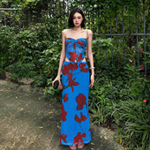 KLIOU 蓝色妖姬复古印花开叉不规则抹胸背心显瘦高腰半身裙两件套