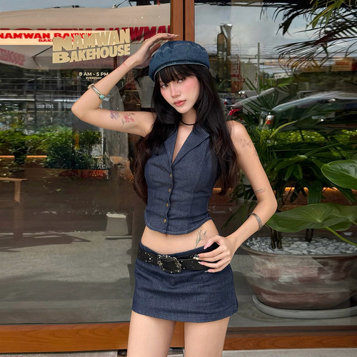 KLIOU 时尚潮流ins不规则翻领无袖背心显瘦包臀半身裙辣妹两件套