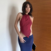 KLIOU 时尚 ins小众不规则挂脖辣妹背心女设计感显瘦系带露背上衣