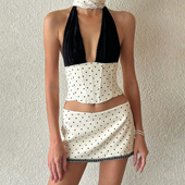 套装 辣妹风复古撞色拼接波点挂脖背心显瘦百搭短裙时尚 法式 KLIOU