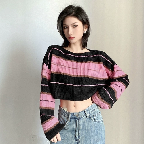 Ретро розовый трикотажный короткий свитер, оверсайз, свободный крой, круглый воротник