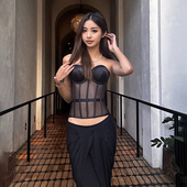 KLIOU 欧美ins黑色网纱拼接透视抹胸背心女个性 显瘦掐腰辣妹上衣