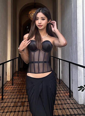KLIOU 欧美ins黑色网纱拼接透视抹胸背心女个性显瘦掐腰辣妹上衣