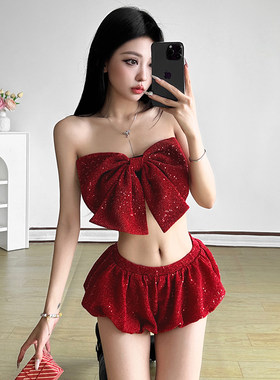 KLIOU 甜辣妹亮片装饰蝴蝶结抹胸小背心显瘦高腰花苞裤短裤两件套