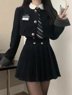 学院风套装 短款 外套jk制服美式 高腰显瘦百褶裙三件套 西装 女春秋款