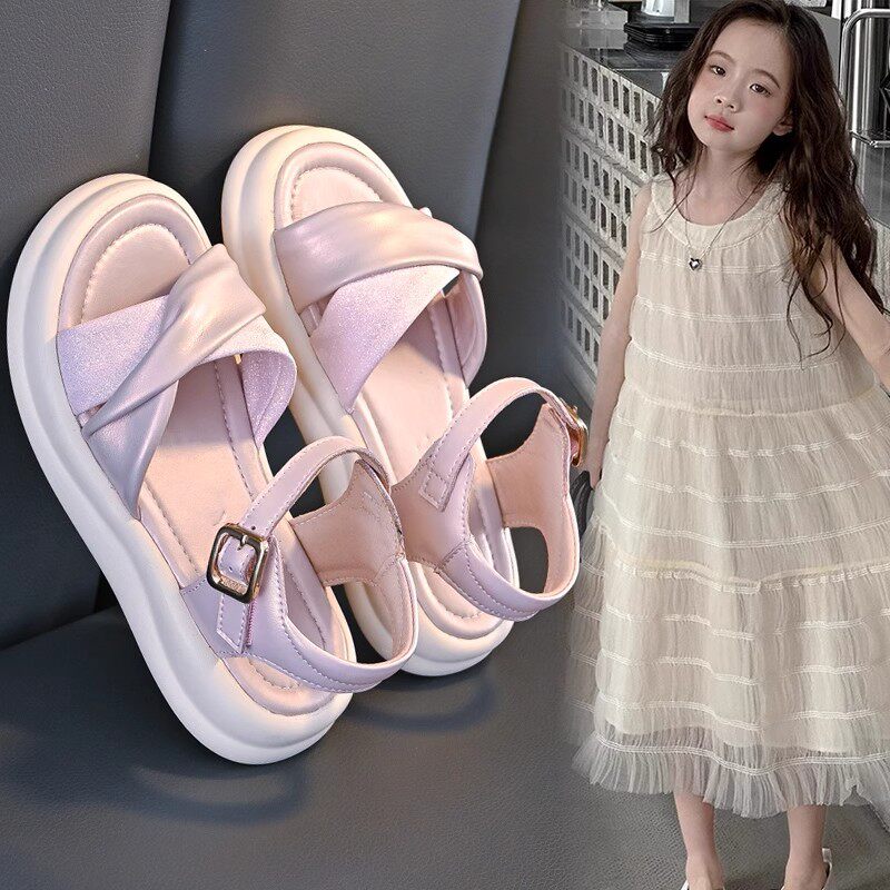 女童魔术贴沙滩鞋平底公主凉鞋2026春秋女孩软底露趾拖鞋白色百搭