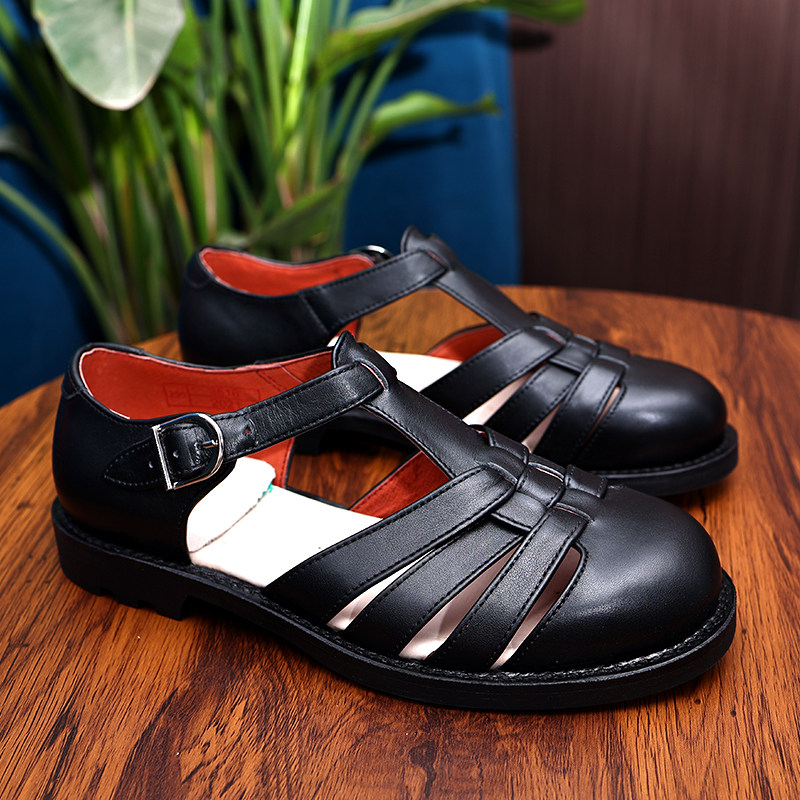 固特异手工上线圆头三带凉皮鞋头层牛皮编织绑带复古凉鞋夏老三条