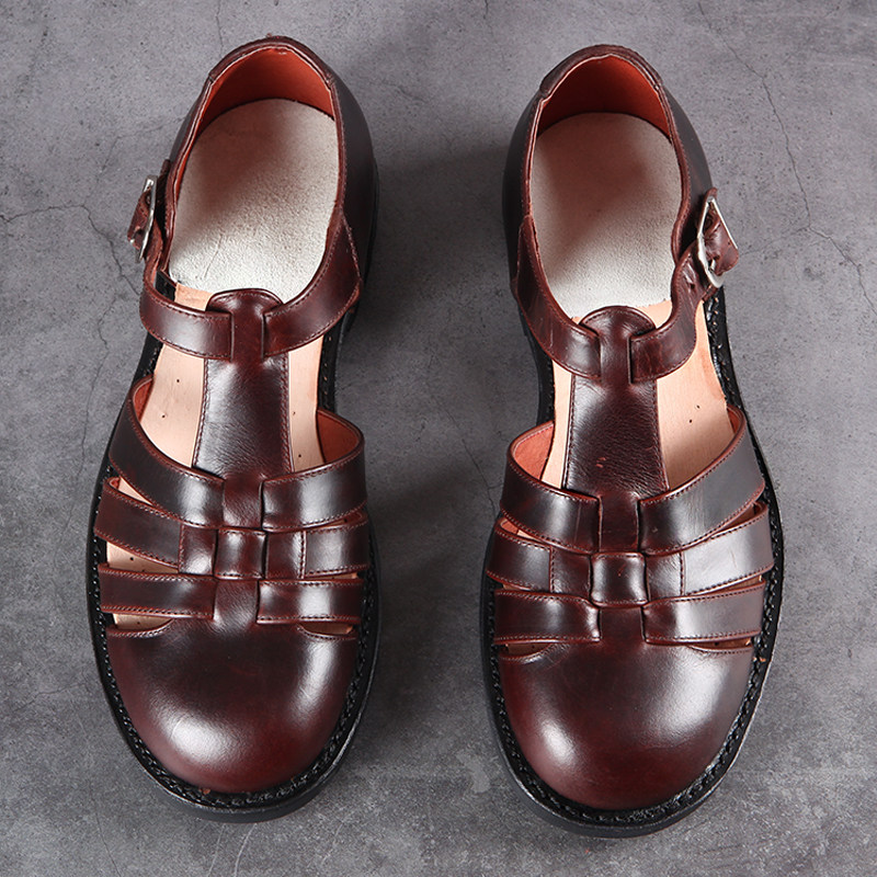 固特异上线深棕圆头三带凉皮鞋真皮绑带编织包头复古休闲透气凉鞋