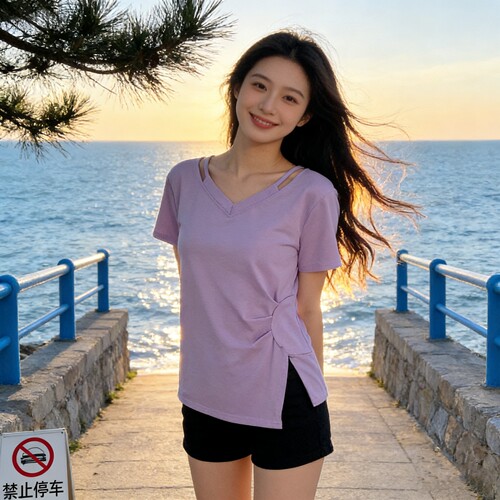 大码女装V领不规则T恤胖mm收腰显瘦遮肉设计感小个子穿搭短袖上衣