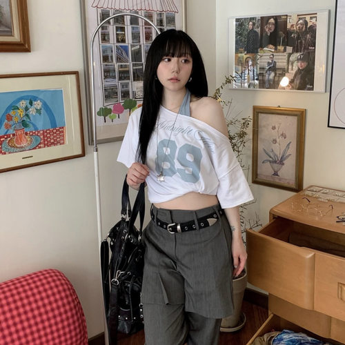 韩国小众潮牌Midnight Move挂脖印花斜领露肩短袖女两件套T恤上衣