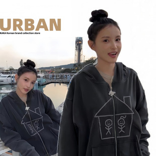 韩国Urban火柴人连帽开衫女林小宅同款手绘印花水洗做旧外套秋冬
