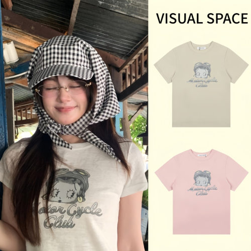 韩国小众潮牌VISUAL SPACE贝蒂印花短袖女夏显瘦辣妹正肩修身T恤